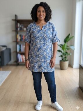 Women's Blue Floral Split-Neck Tunic Top/Dress